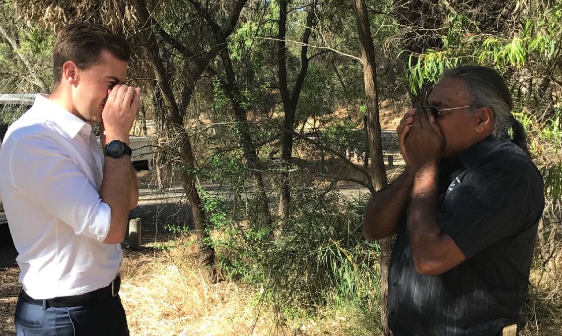 No name change: Dawesville MP Zak Kirkup on a cultural tour of the region with traditional owner George Walley. Photo: Supplied.