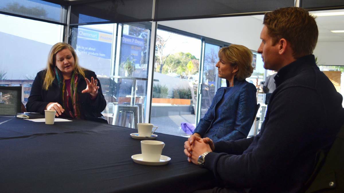 Zero tolerance: Peel Community Development Group's Liz Storr briefs women's minister Michaelia Cash and Canning MP Andrew Hastie on the Peel Says No to Violence program in July 2016. Photo: Nathan Hondros.