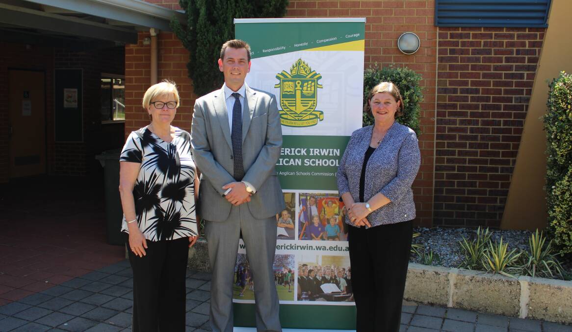 Green light: Noah Clark (who is currently the Deputy Head of Primary at the Meadow Springs Campus) has been named head of the new campus. Pictured with Sue Skehan (Head of Primary) and Kerry Robertson (Principal). Photo: Supplied.