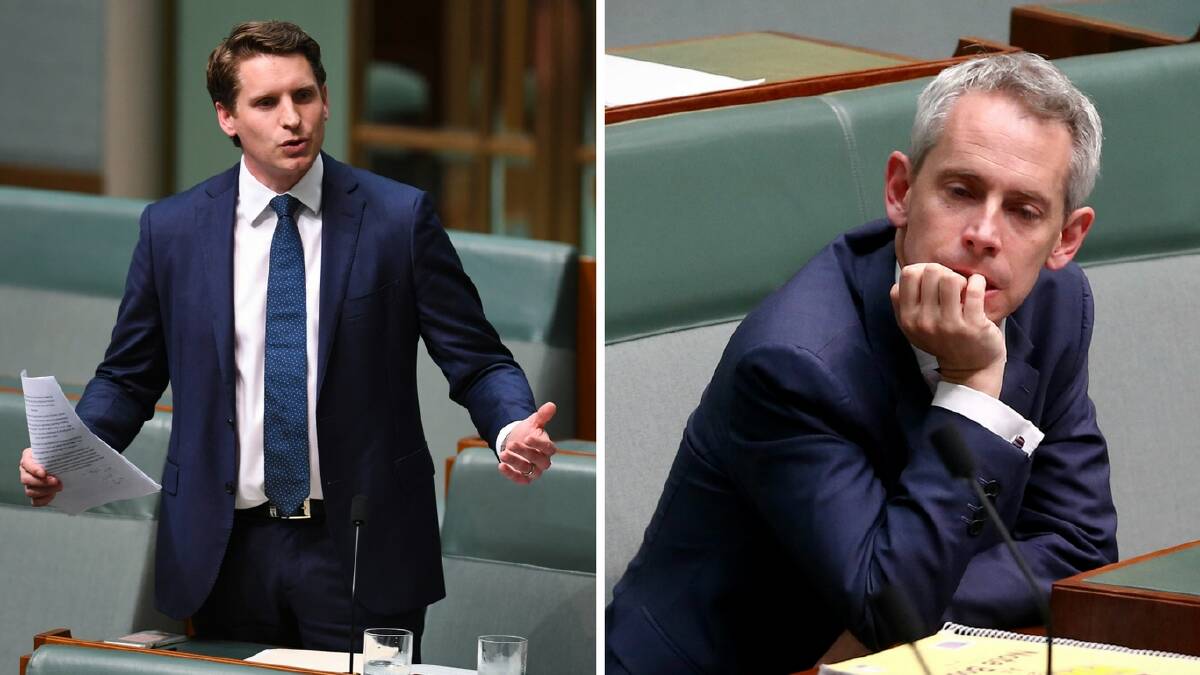 Debate: Canning MP Andrew Hastie debates changes to marriage law. He was blocked from tabling letters from school associations worried about religious freedom by Scullin MP Andrew Giles (R). Photos: AAP/Alex Ellinghausen.