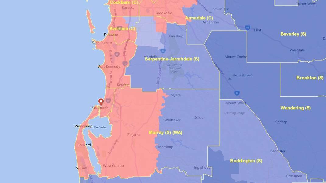 Funding Furore: Areas on the map in pink, including Mandurah and the Peel region, are part of the Perth metropolitan area and remain ineligible for hundreds of millions of dollars in funding. Image: Supplied.