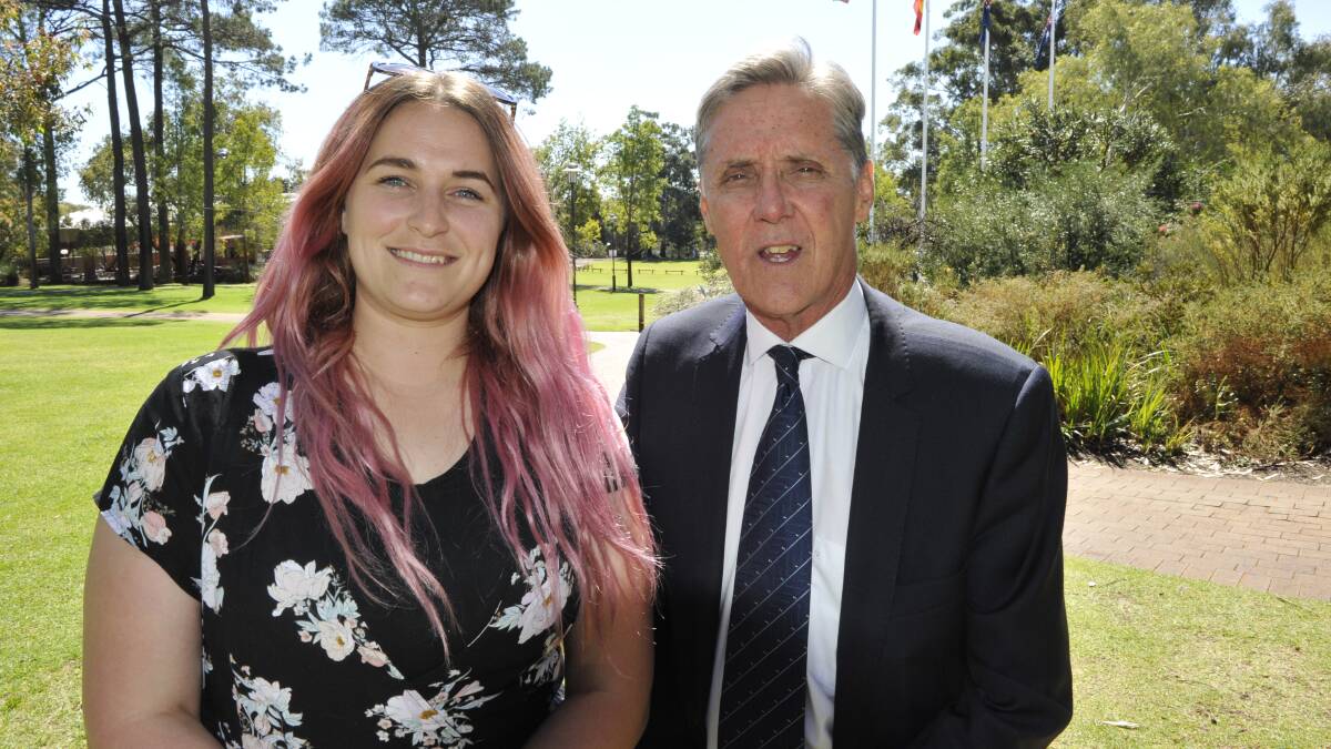 Waikiki student Jennifer Kelly, pictured with Murdoch University provost Andrew Taggart, applied for entry to Murdoch University as a mature age student through the OnTrack program and is now completing a double degree in Biomedical Science and Clinical Laboratory Science. Photo: Supplied.