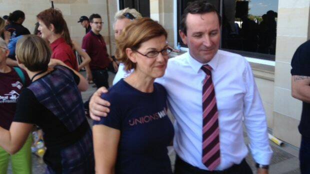 UnionsWA secretary Meredith Hammat opposes the penalty rates decision, with Premier Mark McGowan. Photo: Ray Sparvell/WAtoday.