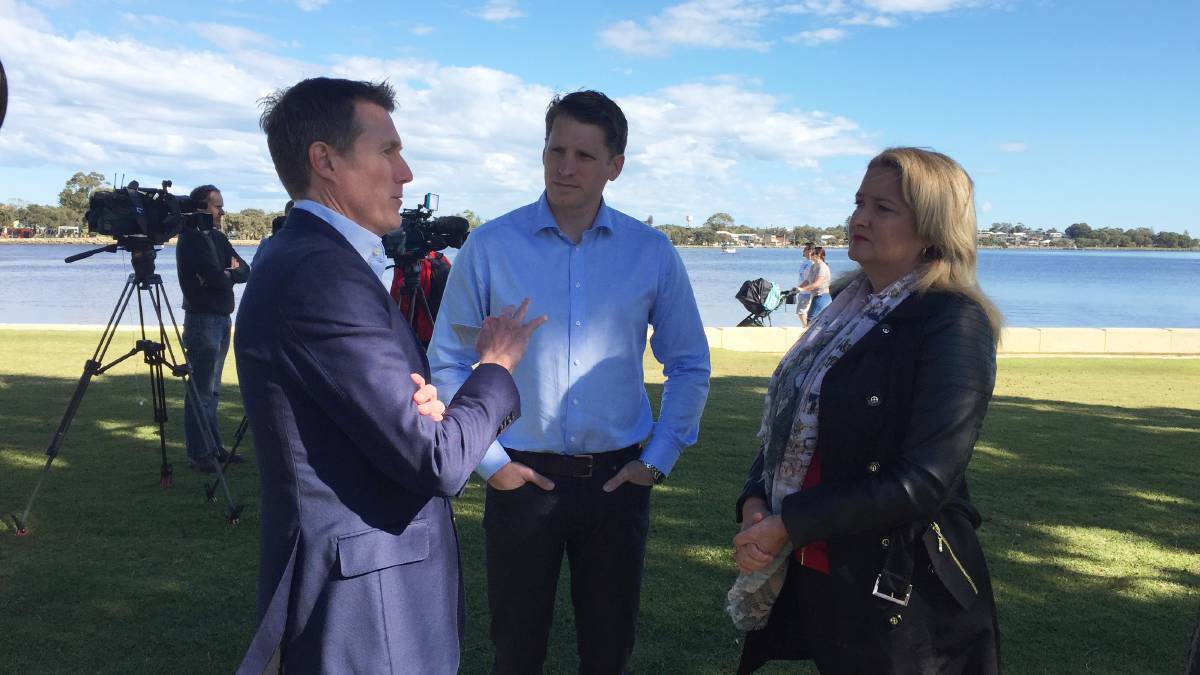 Former Mandurah Mayor Marina Vergone attending the announcement of a job seeker drug testing trial earlier this year with social services minister Christian Porter and Canning MP Andrew Hastie.