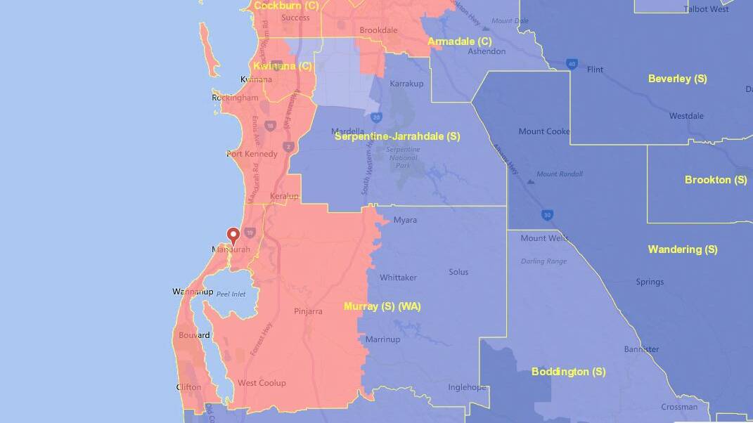 Funding furore: The Turnbull government has decided the areas on the map in pink, including Mandurah and the Peel region, are part of the Perth metropolitan area and ineligible for hundreds of millions of dollars in funding. Image: Supplied.