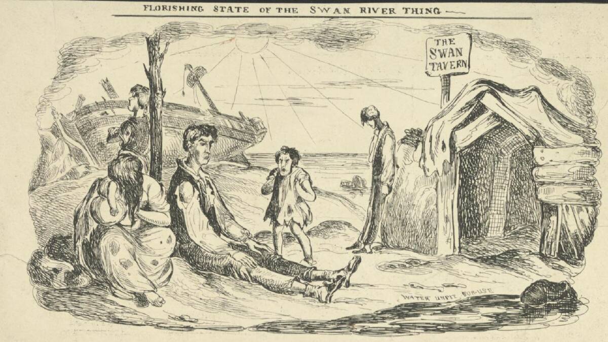 A cartoon by William Heath from the 1830s, with a caricature of Thomas Peel and the wreck of the Rockingham behind him. Photo: National Library of Australia.