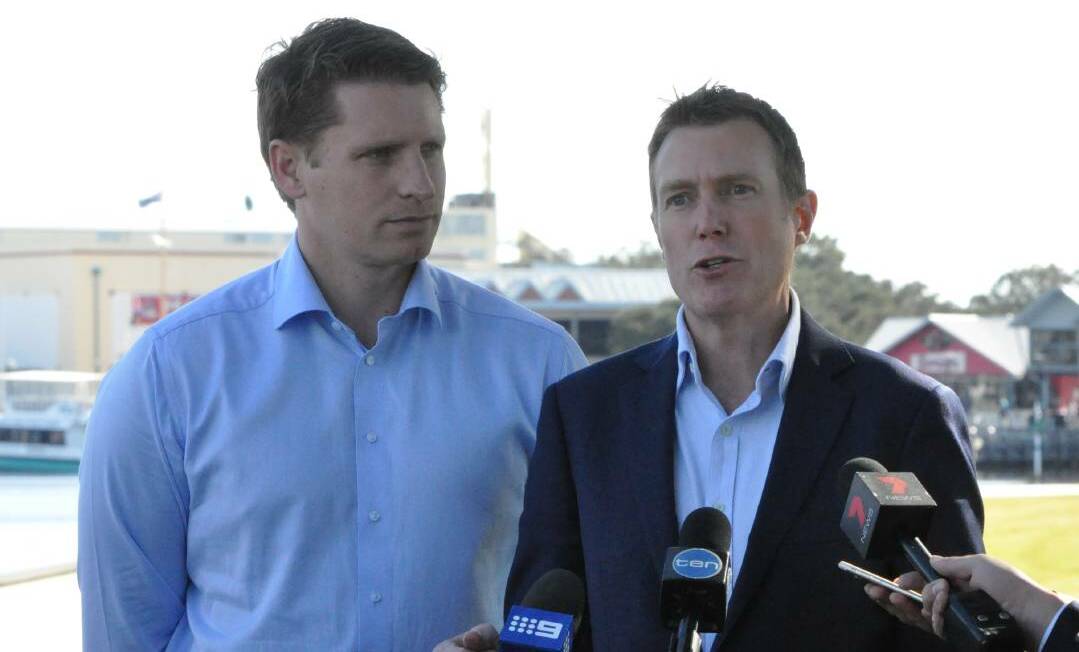 Canning MP Andrew Hastie and social services minister Christian Porter announce drug testing for job seekers in Mandurah. Photo: Kate Hedley.