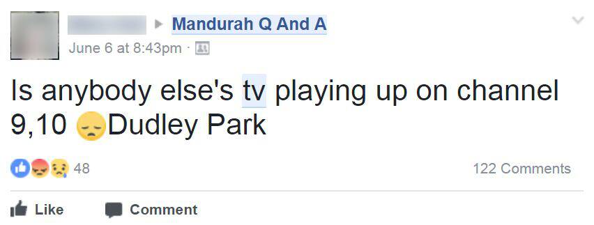 One of many posts on Mandurah Facebook groups about television reception in the region.