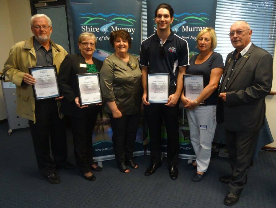 2016 Volunteer of the Year winners Raalin Wheeler, Sue O'Donnell, Darcy Elms, and Diane Eldridge with Shire of Murray president Maree Reid and deputy president Steve Lee. Photo: Supplied.