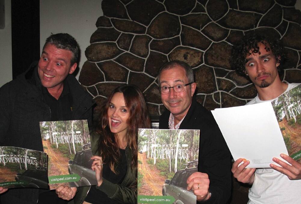 Exploring Peel: MAPTO chairman Leighton Yates with Three Summers director Ben Elton and actors Rebecca Breeds and Robert Sheehan with MAPTO's welcome kits. Photo: Supplied. 