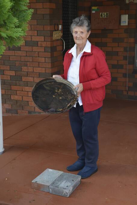 Joy holds the saucer for the stolen pot that once held John's prized amaryllis bulbs. Photo: Marta Pascual Juanola.