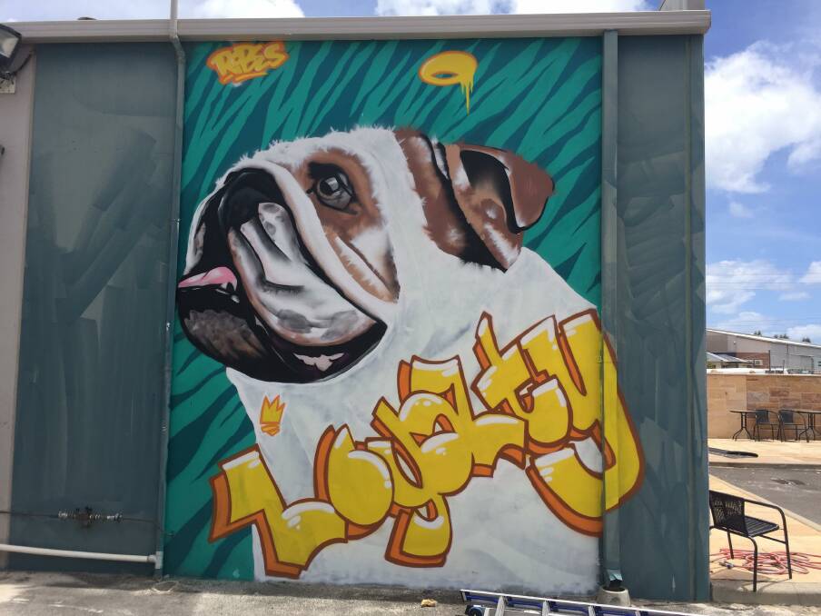 Isaac Leef's mural on Peekaboo Dog Wash in Greenfields. The business on Hampton Street was the first in Mandurah to get on board the initiative. Mr Leef picked a bulldog called Mr Bobby Ciao for the mural. He said dogs were a great subject as they represented loyalty and unconditional love. Photo: Isaac Leef. 