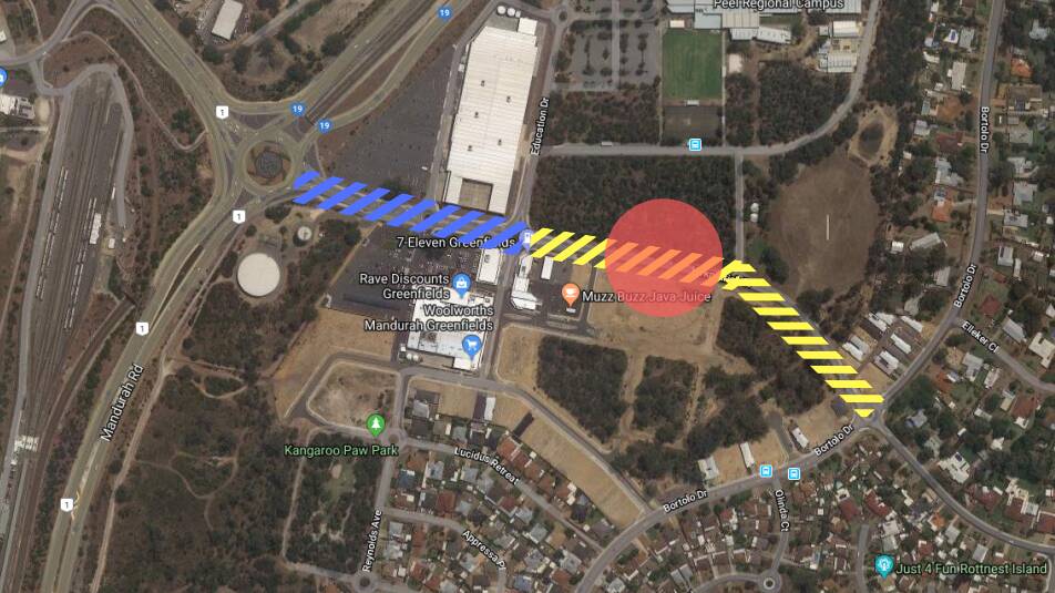 Blue indicates the section where the City of Mandurah believe they're responsible for lighting installation and the yellow section is where the City believe Western Power is responsible for installation. The red dot shows where the teenagers were injured in 2015. Photo: Google Maps.