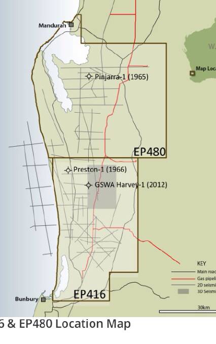 Fracking under fire: The two mining permits, extending from Mandurah to Bunbury, where exploratory gas drilling is currently being undertaken. Photo: Supplied.