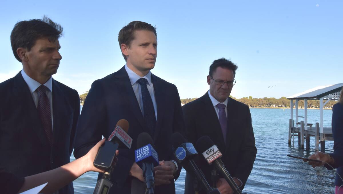 Law Enforcement Minister Angus Taylor, Canning MP Andrew Hastie and Australian Criminal Intelligence Commission chief executive Michael Phelan at the announcment on Thursday. Photo: Amy Martin