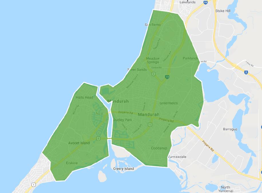 Where the service will deliver to in Mandurah to begin with. Photo: Uber Eats website.