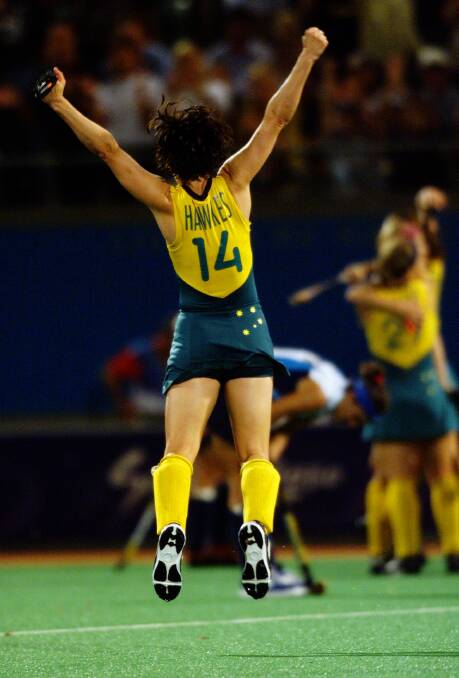 Hawkes celebrates one of her many golden moments in Australian hockey. Photo: Nick Falconer.   