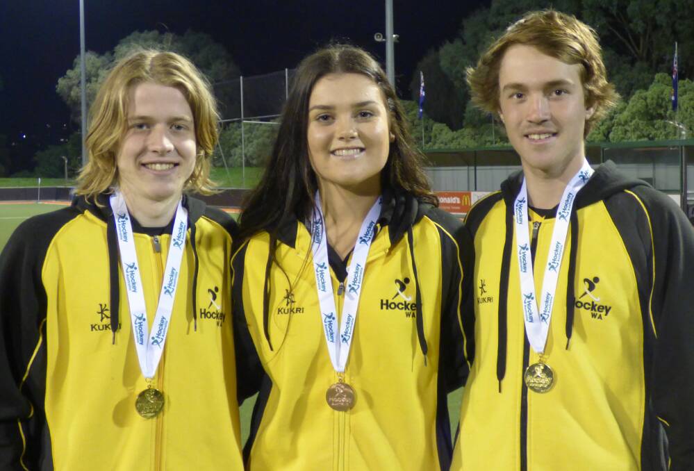 Peel hockey prodigies Lawson Patten-Williams, Bree Johnson and Marshall Puzey all picked up medals at the under 18s national hockey tournament. Photo: supplied.