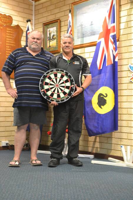Morehu Heta-Tohu (right) will fly to Bendigo in July to represent WA in the national darts championships. He is pictured with his local club captain, Allan Gater.