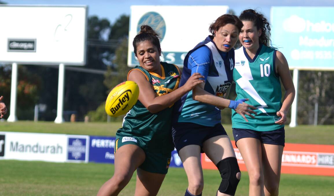 The Peel Football and Netball League took on the South West Football League in a women's exhibition match last year. Photo: Andrew Elstermann.