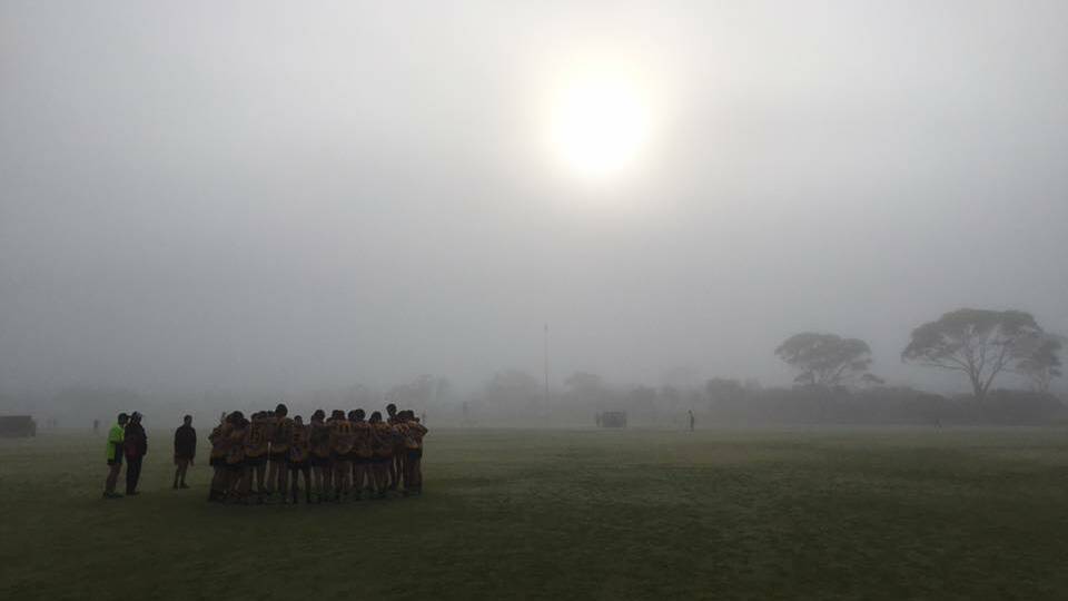 Teams were forced to battle a thick fog in Kulin. Photo: Facebook/Peel Football Umpires Association.  