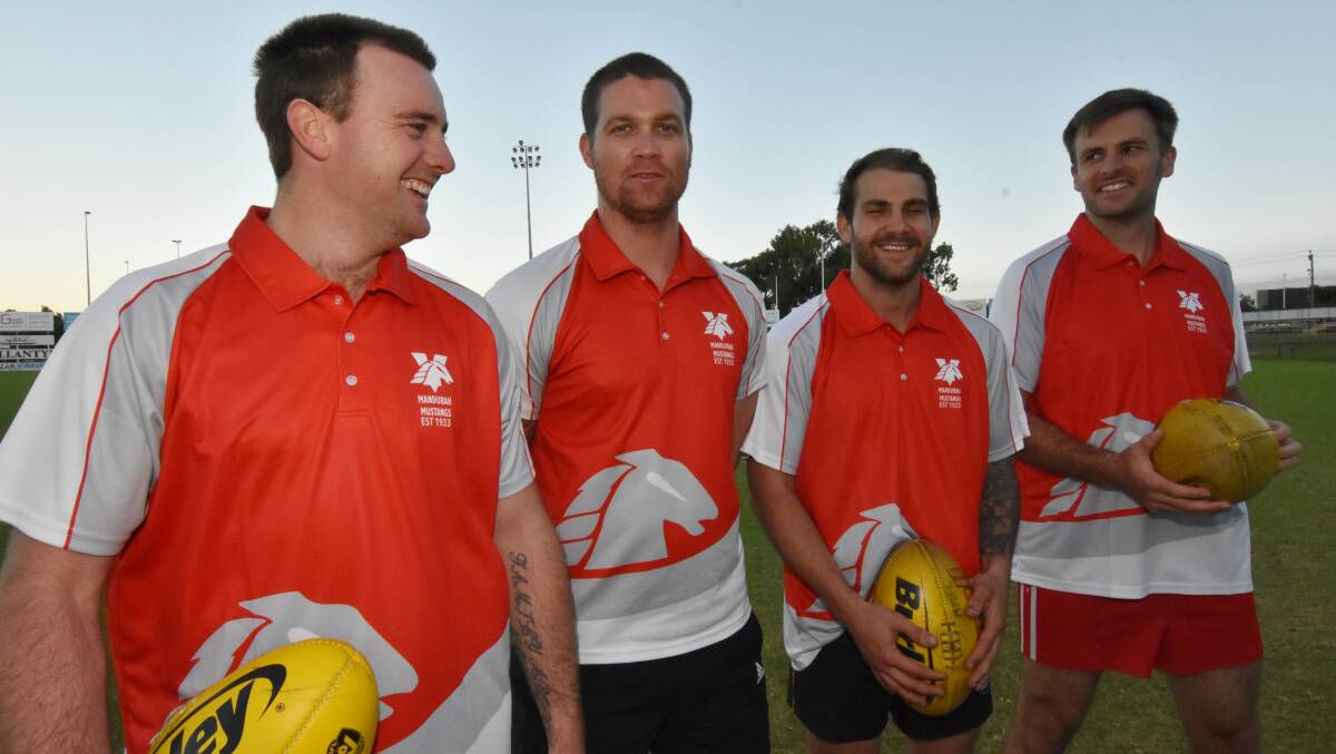 New coach Mat Aitchison (second left) will lead the Mustangs alongside league vice captain Mitchell White, captain Zac Podmore and vice captain Stuart Puls. Photo: Justin Rake.     