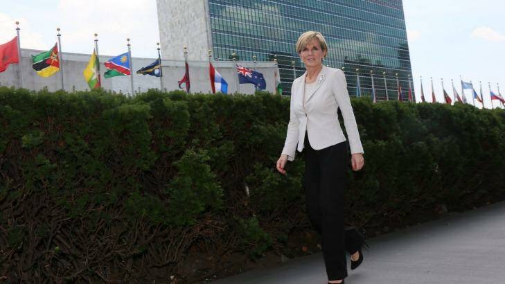 Foreign Minister Julie Bishop outside the UN, where she said a Russian veto of a resolution to hold a tribunal inquiry would be an affront to the families and passengers and crew aboard MH17 who died.