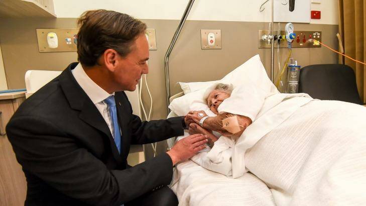 Greg Hunt visits Frankston Hospital patient Fay Tipping after being announces as the Turnbull government's new Health Minister. Photo: Justin McManus