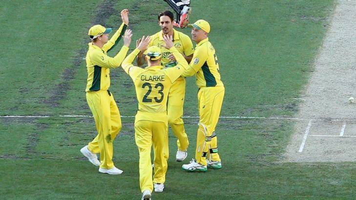 Mitchell Johnson is  congratulated after claiming the wicket of Daniel Vettori during the World Cup final at the MCG on Sunday. Photo: Quinn Rooney