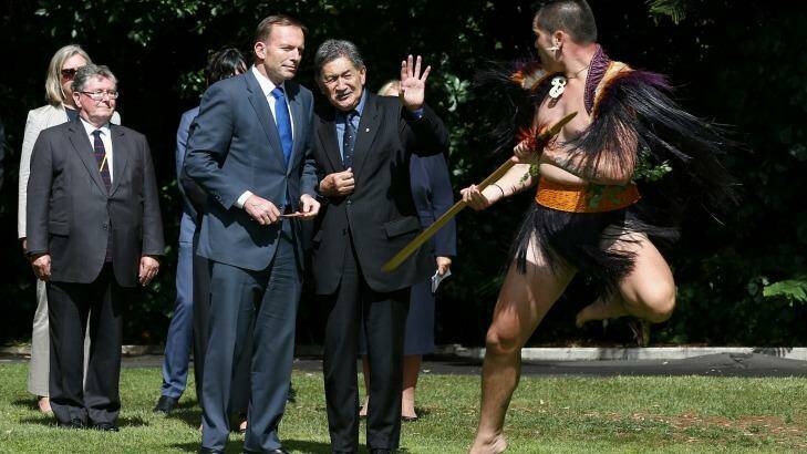 Tony Abbott is welcomed at Government House in Auckland on Friday.  Photo: Alex Ellinghausen