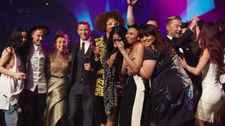 Celebrations on the set of <i>The X Factor</i> last night.