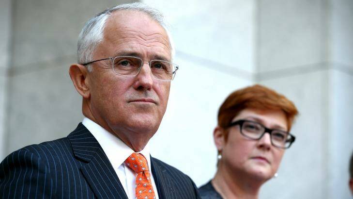 Prime Minister Malcolm Turnbull with Defence Minister Marise Payne on Monday Photo: Alex Ellinghausen