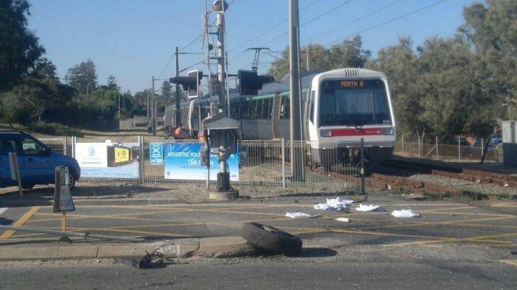 The scene of the accident where a train hit a truck.  Photo: Seven News \ Twitter