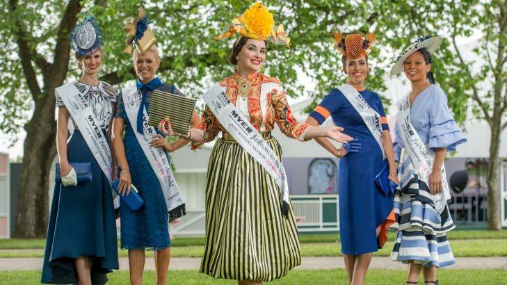 Finalists in the Myer Fashions on the Field competition: Courtney Moore (SA), Alice Bright (TAS), Inessa Mcintyre (QLD), Ashleigh Ridgeway (WA), and Regie Thei (NSW. The Victorian Finalist will be announced during the Carnival.  Photo: Penny Stephens
