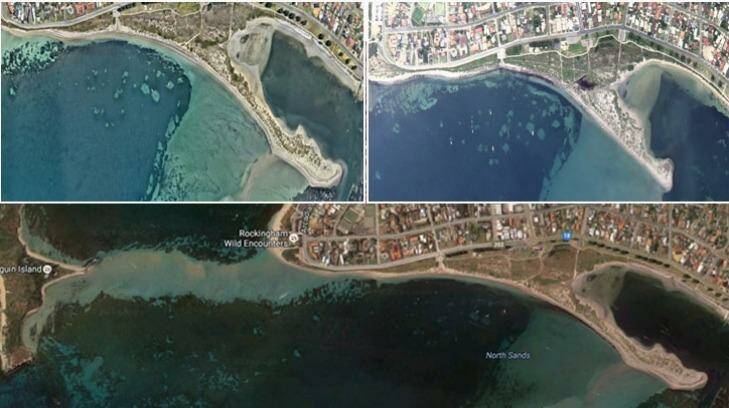 Since it was first surveyed in the 1800s, the spit has undergone vast transformations, at times disappearing altogether. At present it is growing, fed by sand eroding from Shoalwater (the tip opposite Penguin Island).  Photo: Google Earth 