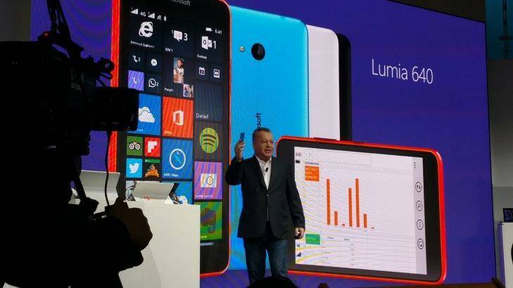 Stephen Elop, executive vice president of Microsoft's Devices and Services business unit, unveils the Lumia 640. Photo: Hannah Francis