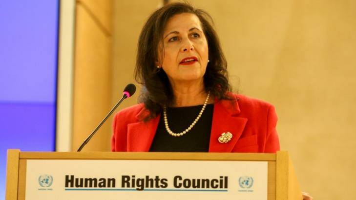 Senator Concetta Fierravanti-Wells speaking in Geneva, as Australia lobbies for a seat at the UN Human Rights Council. Photo: PM VIROT