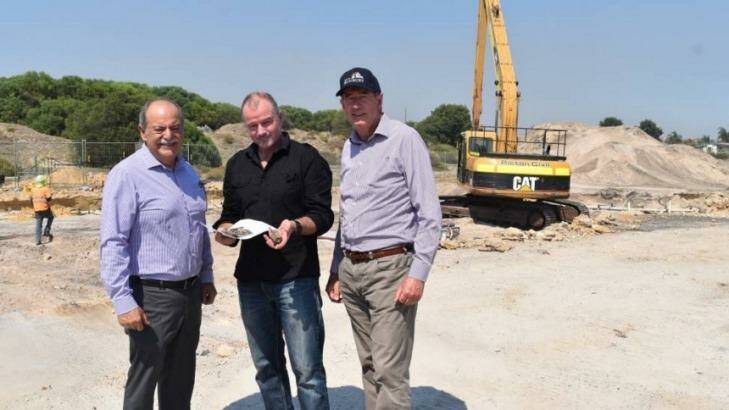 Bunbury MLA John Castrilli, West Australian Museum Department of Maritime Archaeologist Ross Anderson and Mayor Gary Brennan standing on the site where the ship may be buried. Photo: Bunbury Mail
