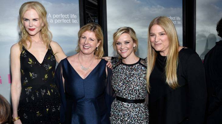 Liane Moriarty, second from left, with Nicole Kidman, Reese Witherspoon and producer Bruno  Papandrea. Photo: Kevork Djansezian