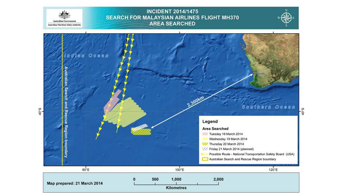 A map depicting the search area covered this week, and the planned search are for today, in the hunt for missing Malaysian Airlines flight MH370.
