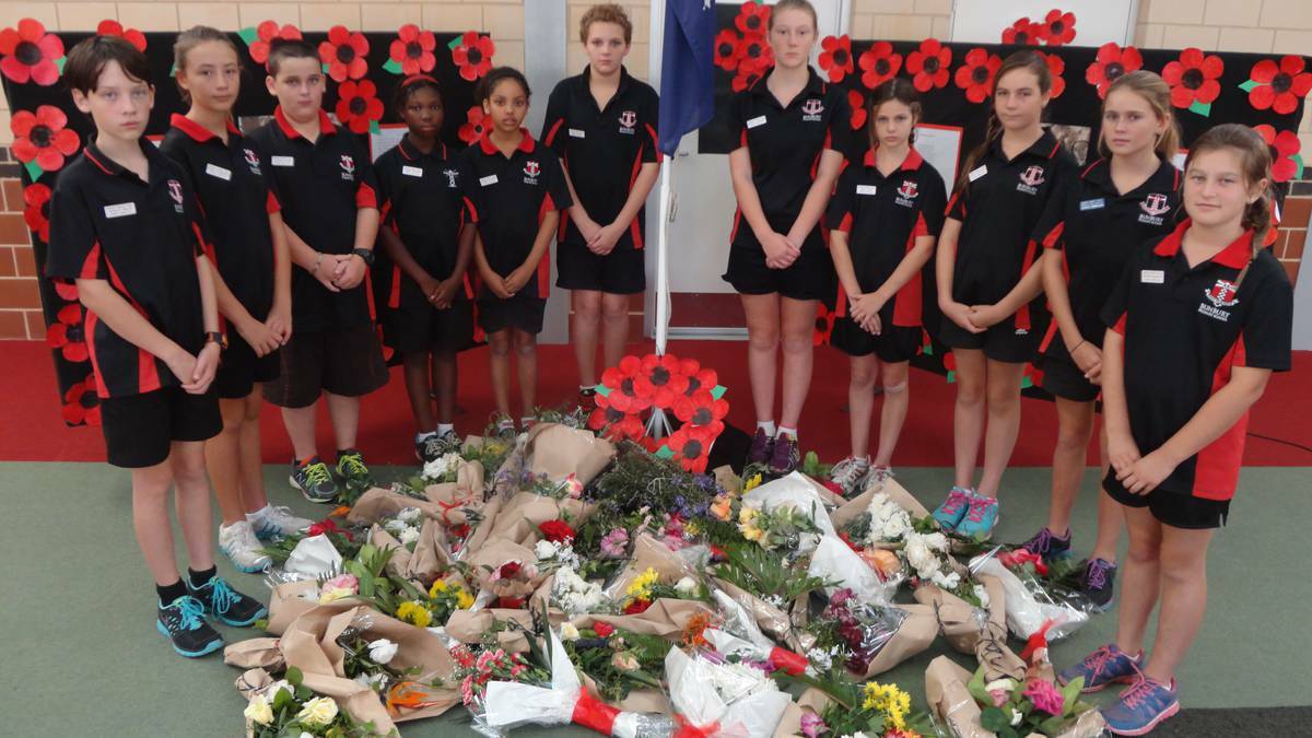 Bunbury Primary School commemorated Anzac Day with a service at the school earlier in the month. Pictured are Year 7 students Tristen Bazeley, Bella Barbour, Chartee Birmingham, Jayden Davies, Riley Elson, Esther Koomson, India Lewis, Matilda Robinson, Caitlin Van Schalkwyk, Natasha Wildschut and Stanley Willis at the service.