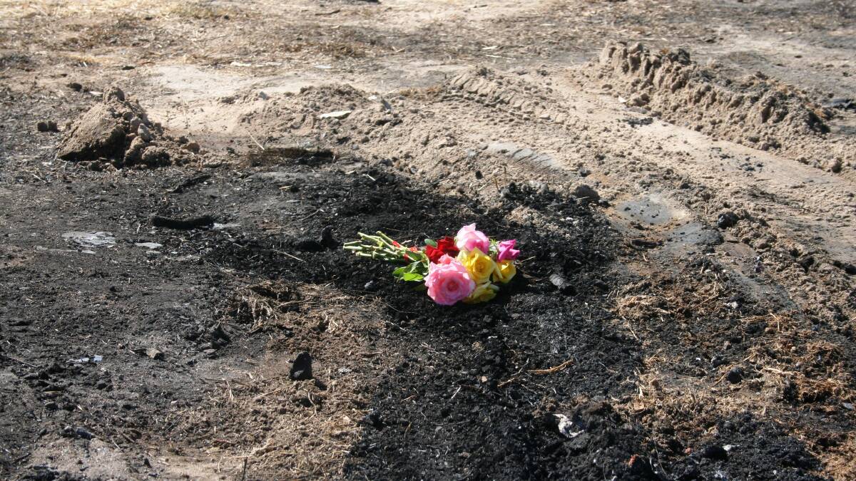 Rest in peace: Flowers left as a tribute to the father and son who died in the crash.