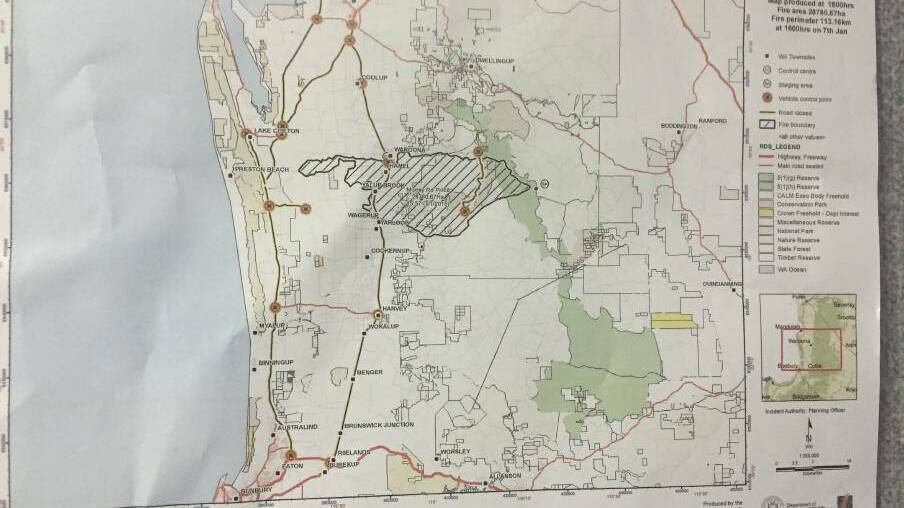 The Department of Fire and Emergency Services map showing the area affected by the Waroona bushfire as of 8pm Thursday