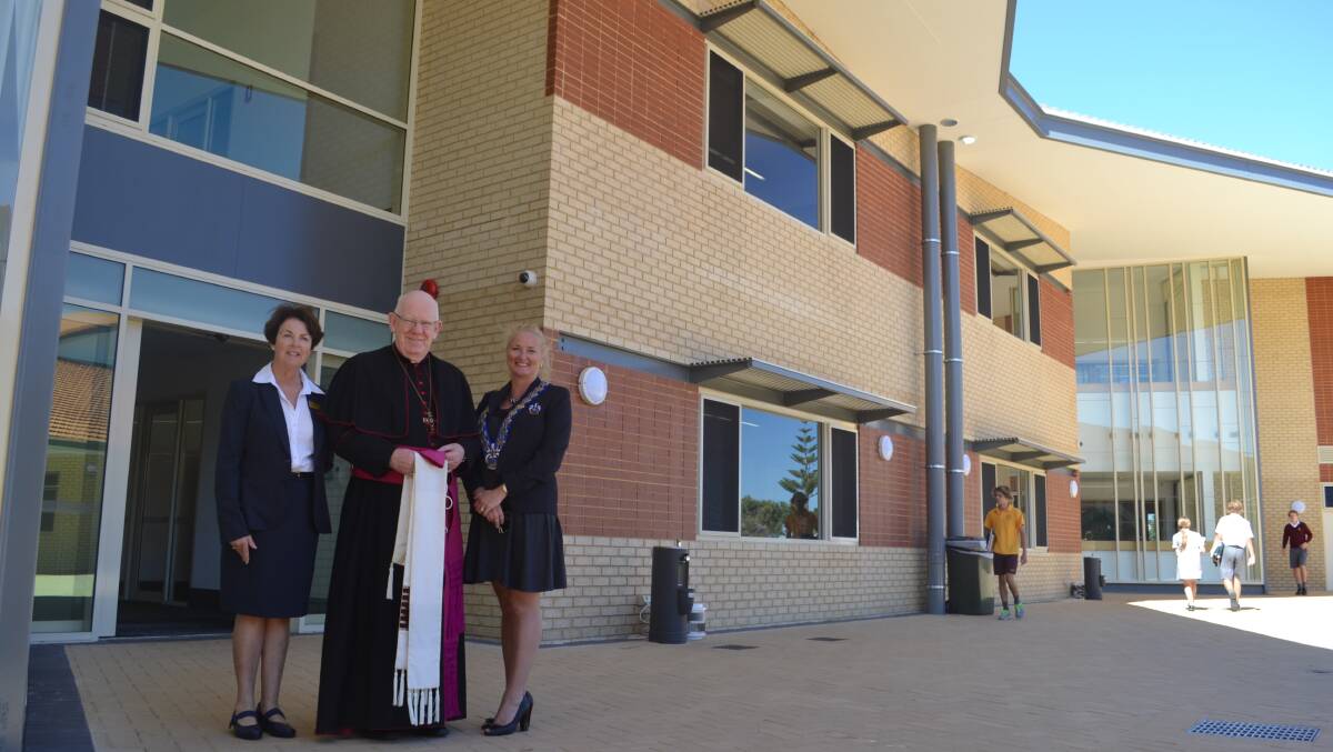 Mandurah Catholic College principal Kerrie Fraser, Bishop Gerard Holohan of the Catholic Diocese of Bunbury and Mayor Marina Vergone.