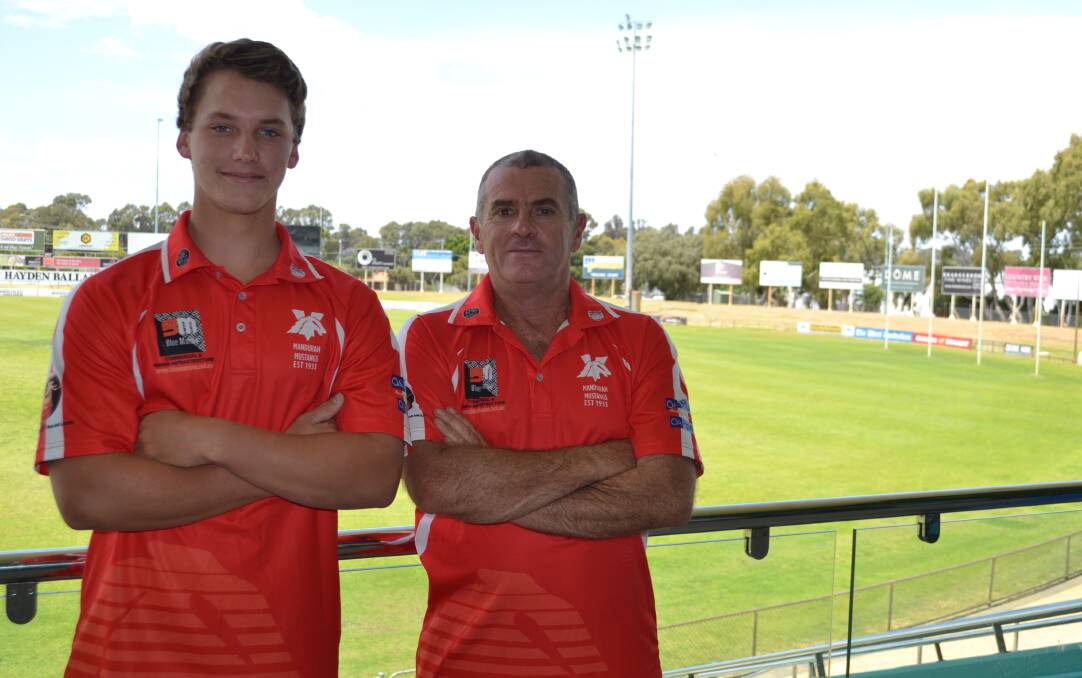 New Mandurah Mustangs Colts coach Chris Salameri with Lachie Annels who will play Colts for the first time after making the transition from the North Mandurah Football Club.