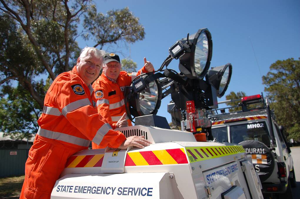 Prepared for the worst: Mandurah State Emergency Service deputy manager Phillip Rance and manager Chris Stickland with the new light tower. (Photo: Brianna Johnson)