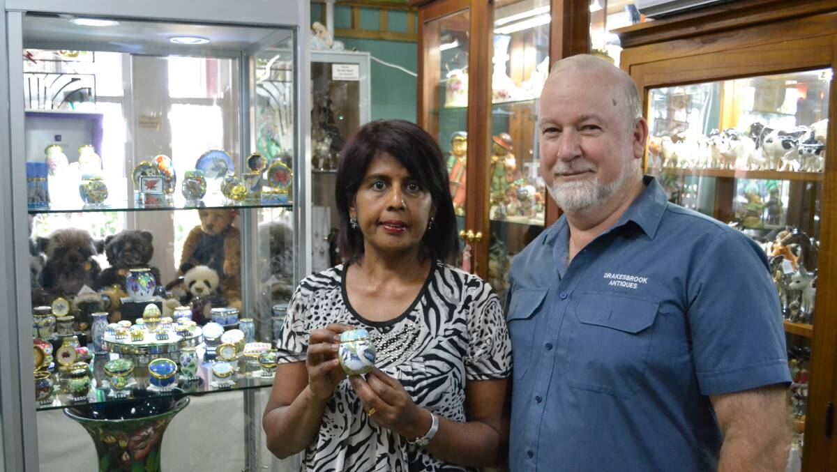Special visit: Drakesbrook Antiques and Collectables Malar and Bill Fraser are excited about a visit from English artist Elliot Hall, of Elliott Hall Enamels.