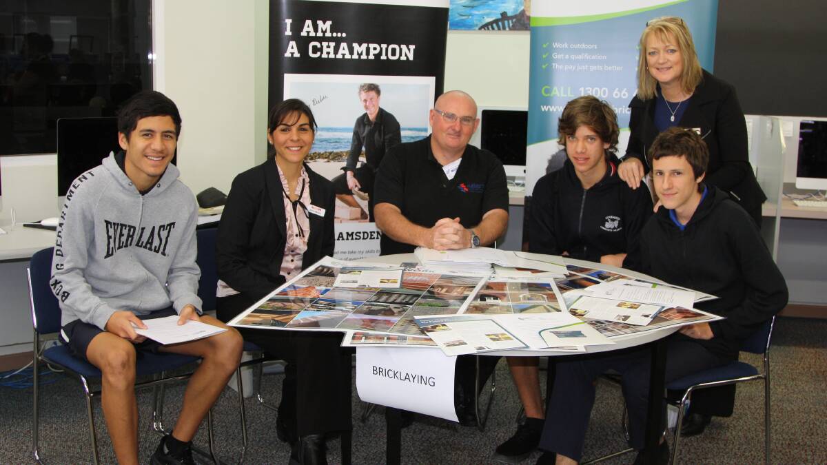 CCC students, Brian Loffley, Kyle Chilcott and Reece York with Jenny Moutou, Australian Brick and Blocklaying Training Foundation WA manager Dean Pearson and teacher Pam Micklewright. 