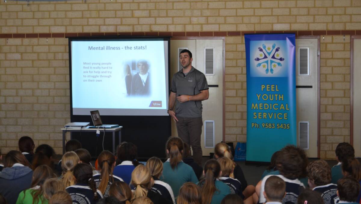 Healthy: Former Fremantle Docker Heath Black talks about mental health to the Ocean Road Primary School students. Photo: Francis Curro 