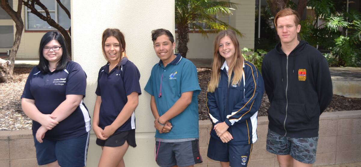 Young leaders: Coodanup Community College student Jayden Quartermain, Halls Head Community College students Shannon Collopy, Zackery Phillips and Dakota Holder and John Tonkin College student Shannon Chirgwin at the City of Mandurah after being recognised.